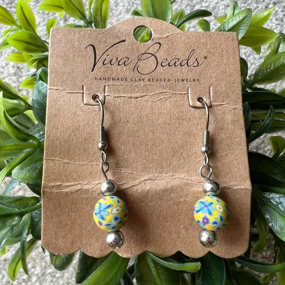 NEW Viva Beads Handmade Clay Round Yellow Floral Print Dangle Earrings